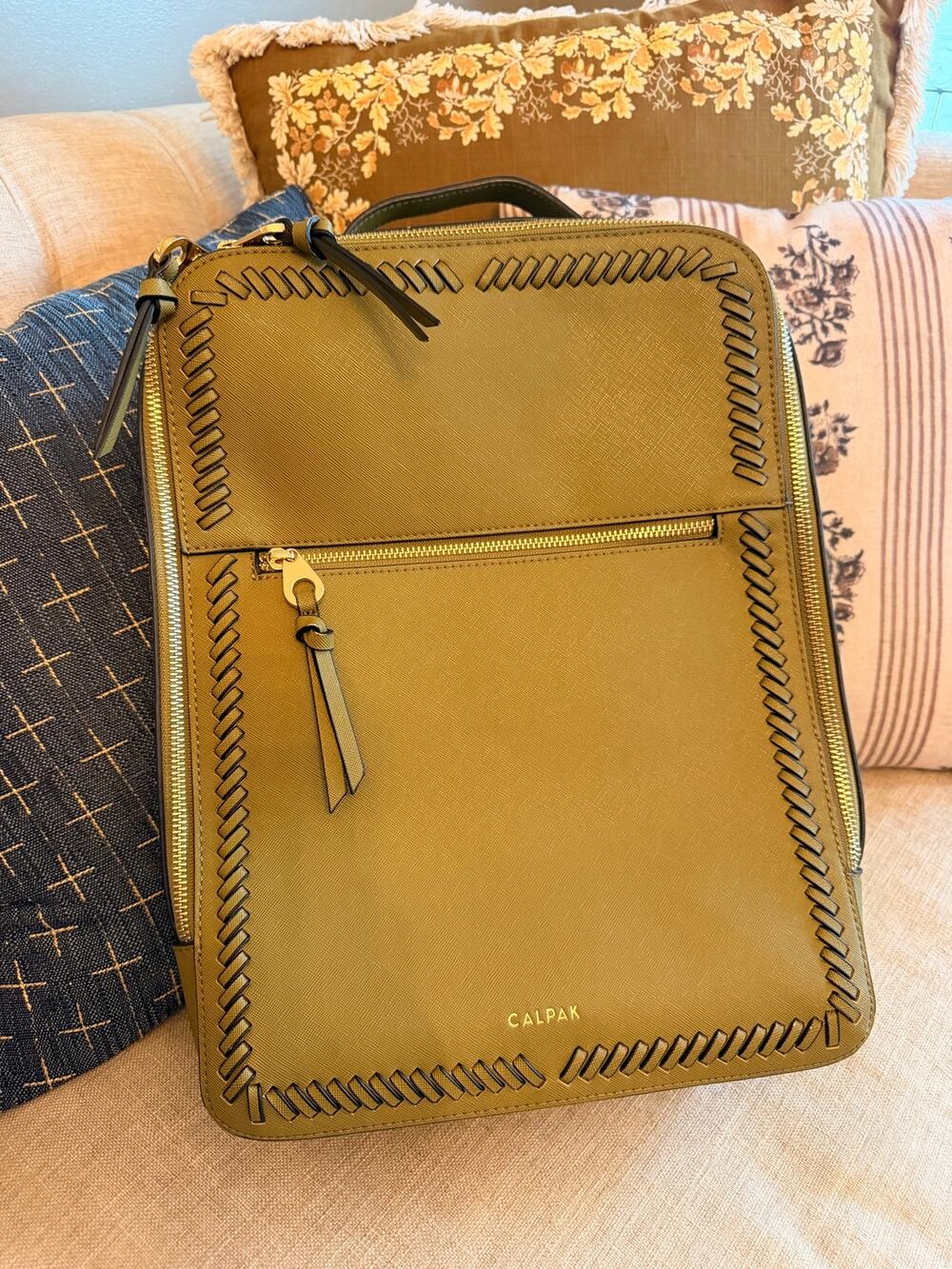 CALPAK Kaya 15 inch Laptop Backpack Green/Yellow Faux Leather perfect condition